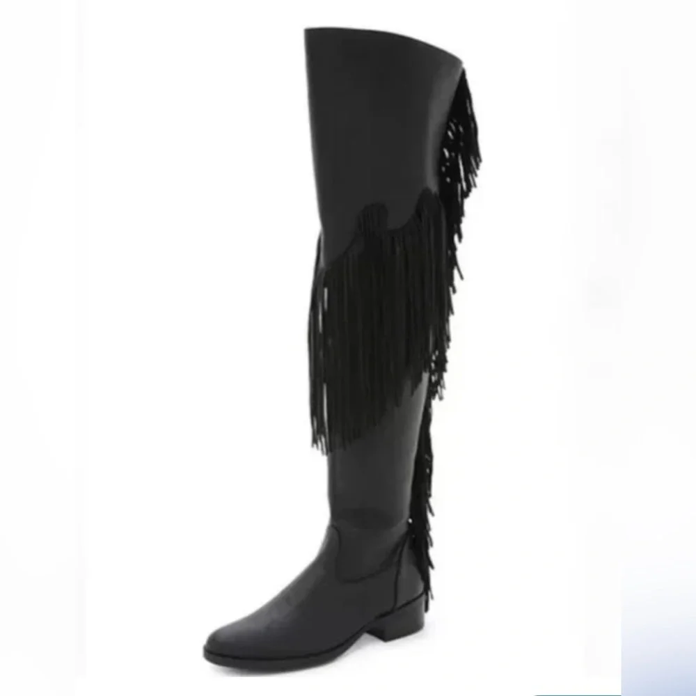 SCHUTZ Kin Black Leather OTK Fringe Boots 9 NWOT Rare Dust Bag Boot Keepers